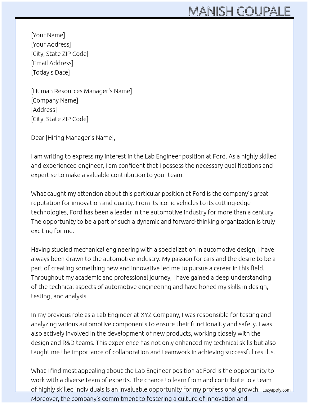 Lab Engineer  At Ford Cover Letter