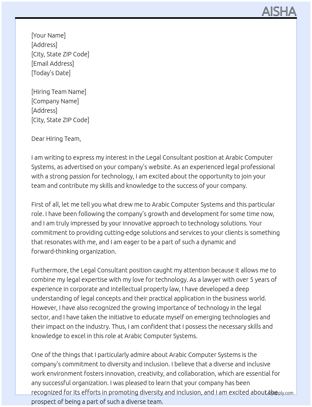 Legal consultant At Arabic Computer Systems Cover Letter