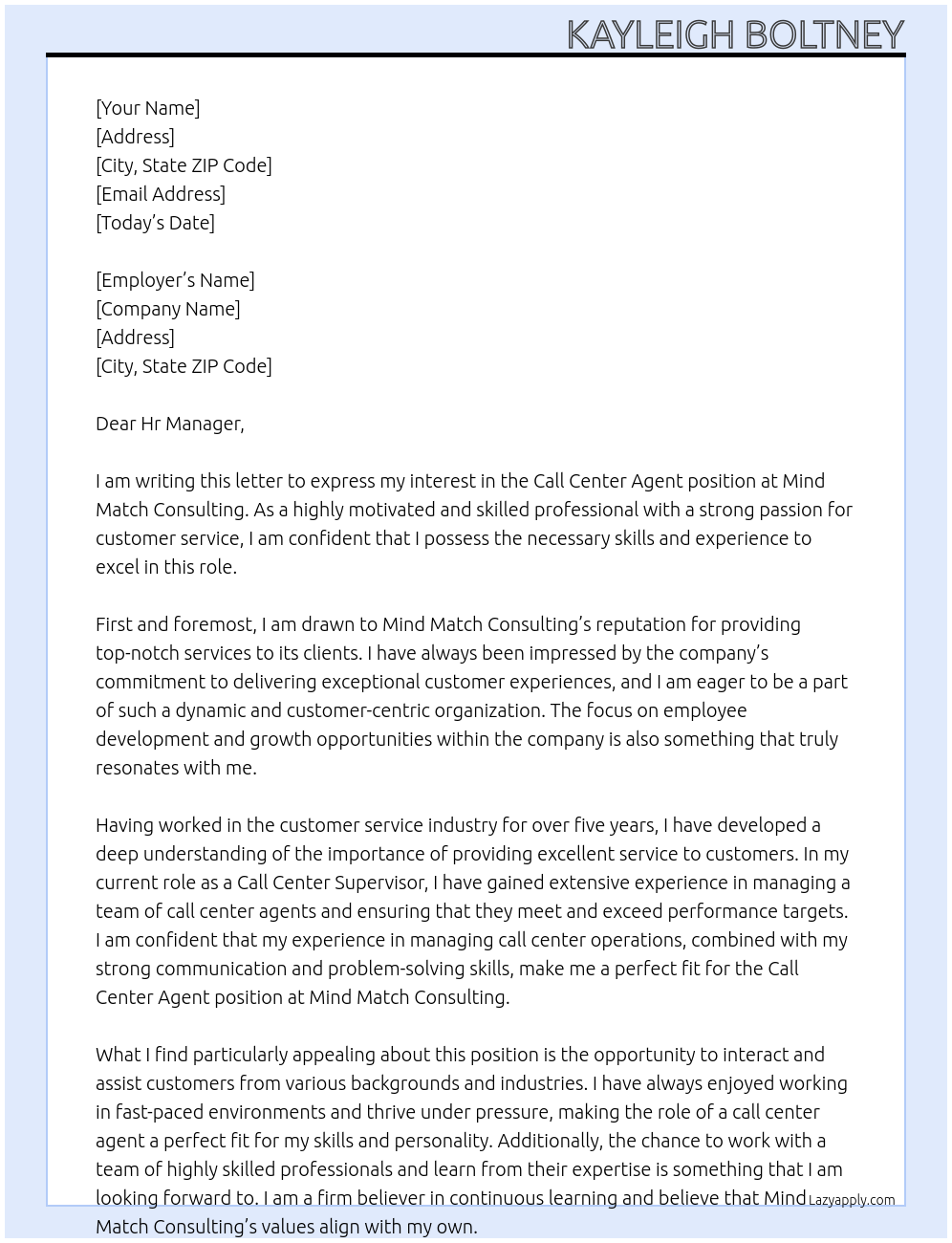 Call Center Agent At Mind Match Consulting Cover Letter