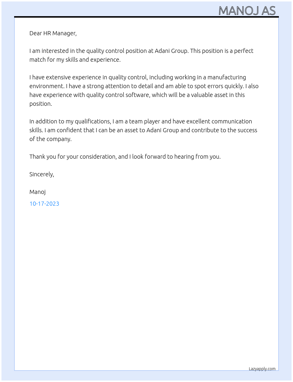 quality control At adani group Cover Letter