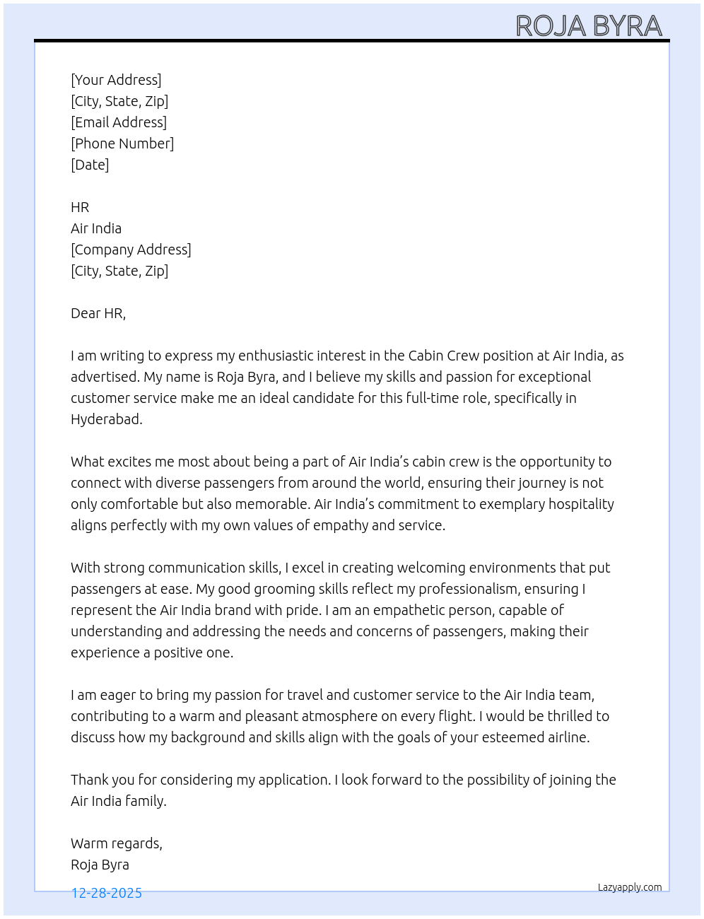 Cabin crew  At Air india  Cover Letter
