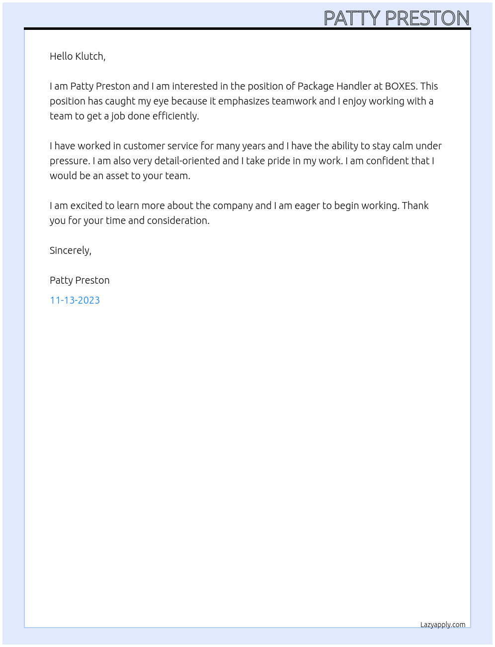 Package Handler At BOXES Cover Letter