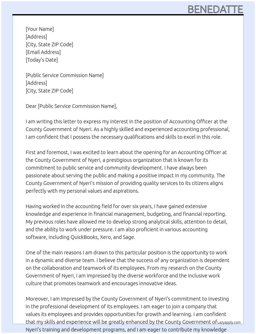 Accounting officer At County government of Nyeri Cover Letter