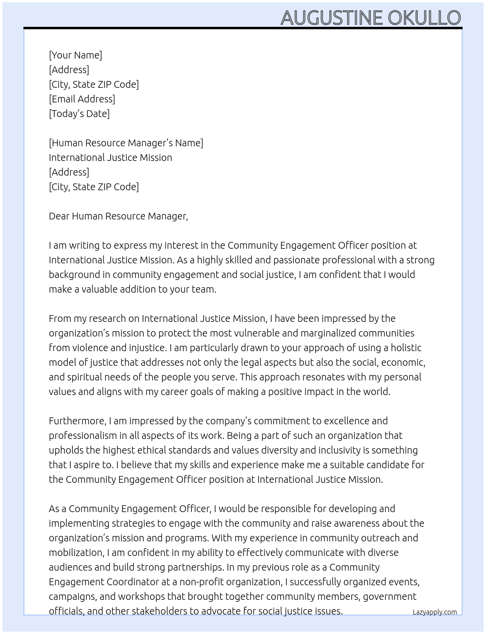 Community Engagement Officer At international justice mission Cover Letter