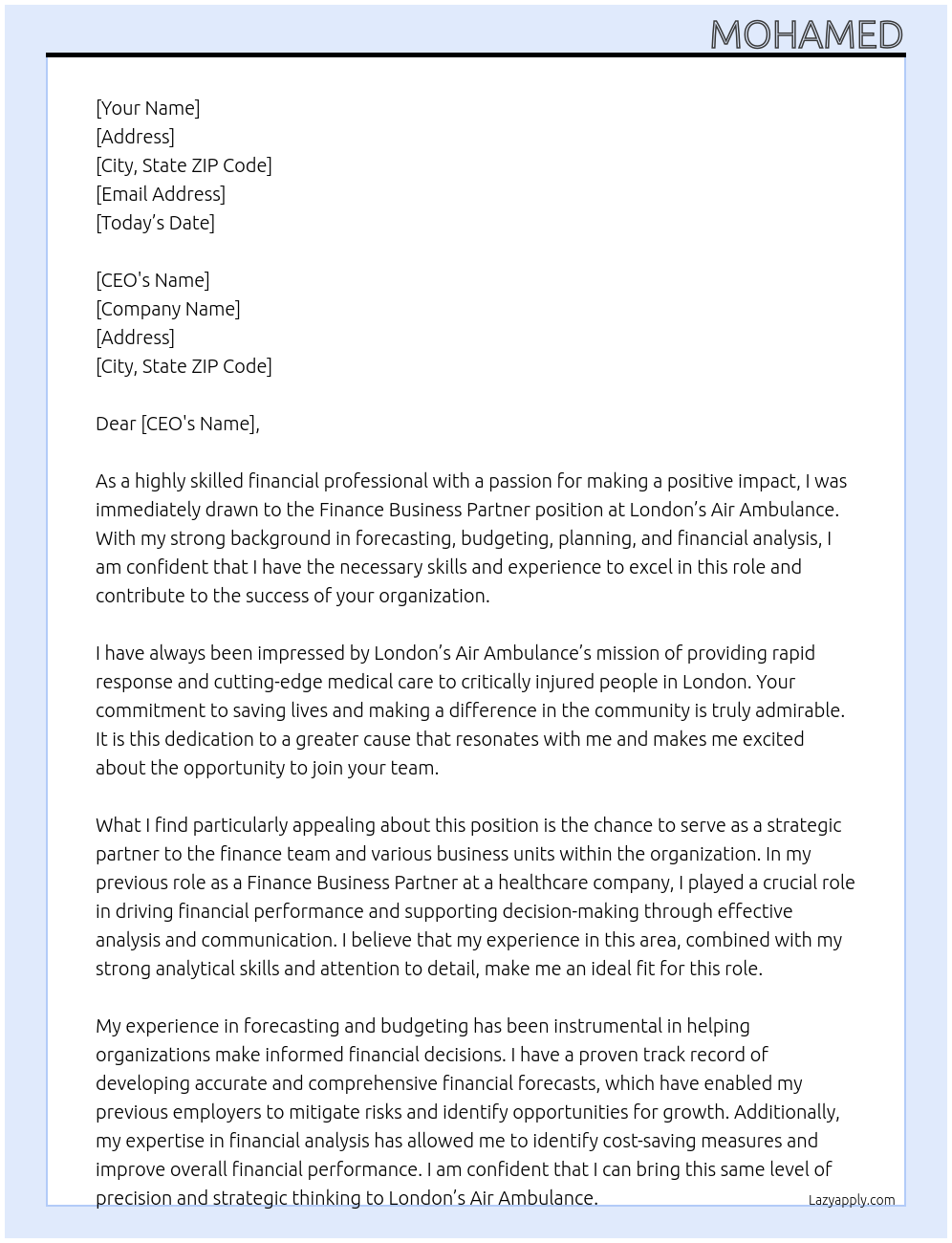 Finance Business Partner At London’s Air Ambulance Cover Letter