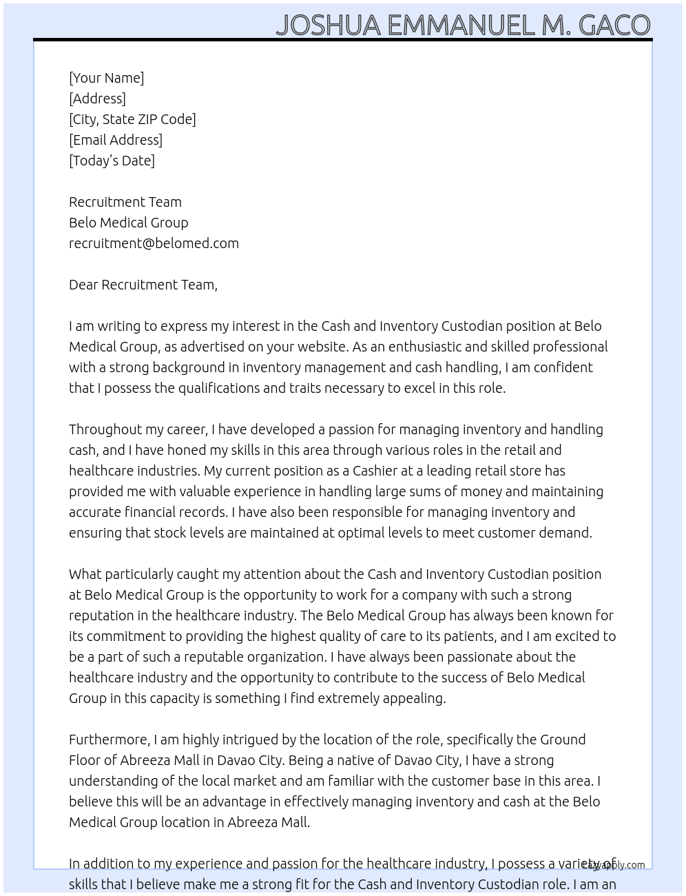 Cover letter for cash and inventory custodian - LazyApply