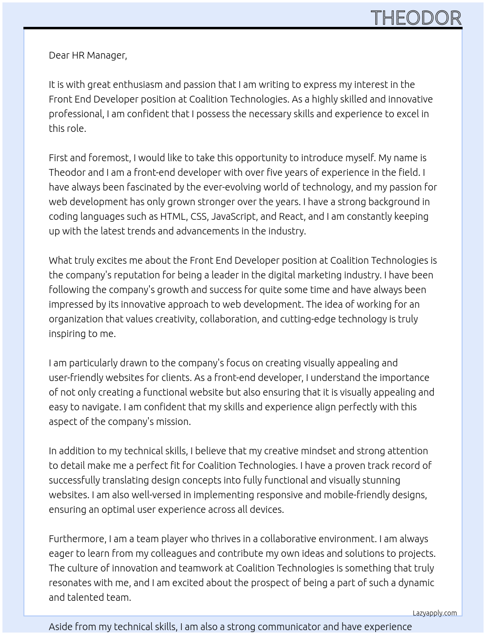 Front End Developer At Coalition Technologies Cover Letter