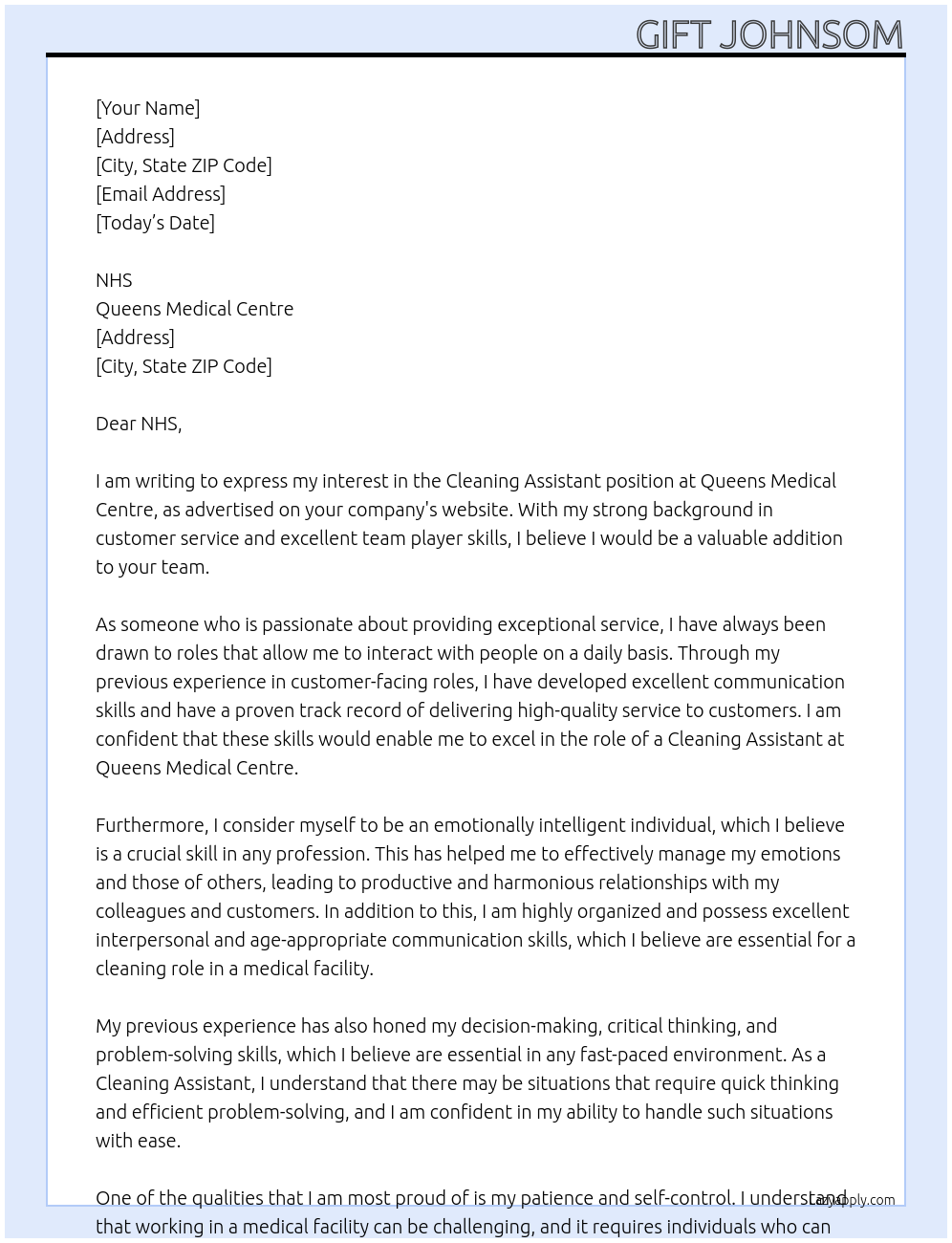 cleaning assistant At Queens medical centre Cover Letter