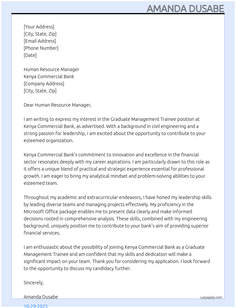 Cover letter for graduate management trainee - LazyApply