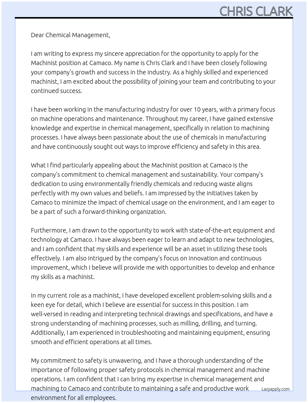 Machinist At Camaco Cover Letter