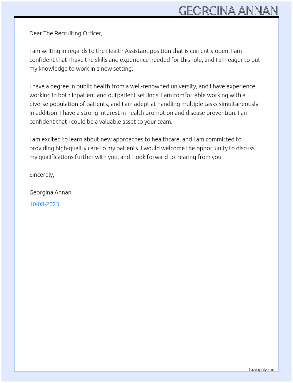 Health Assistant At open Cover Letter
