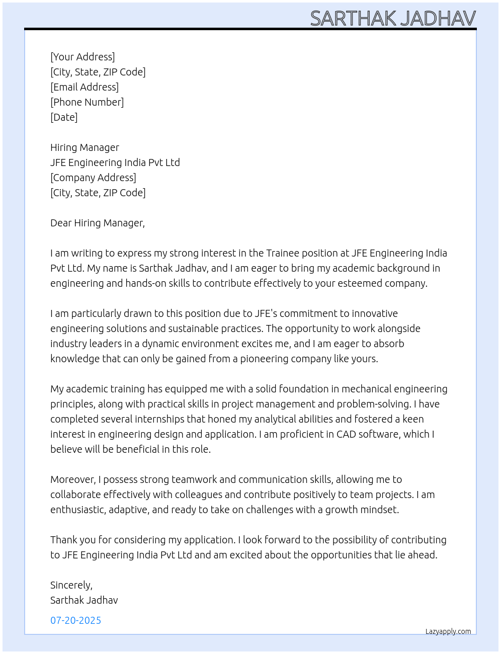 Trainee At JFE Engineering India Pvt Ltd Cover Letter