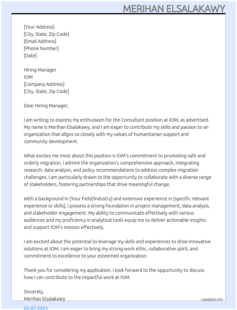 Consultant At IOM Cover Letter