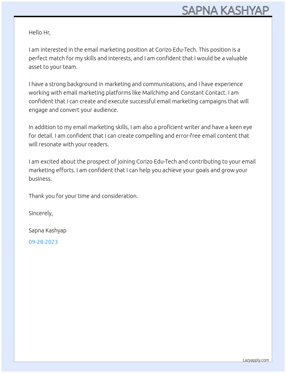 email marketing At corizo edu-tech Cover Letter