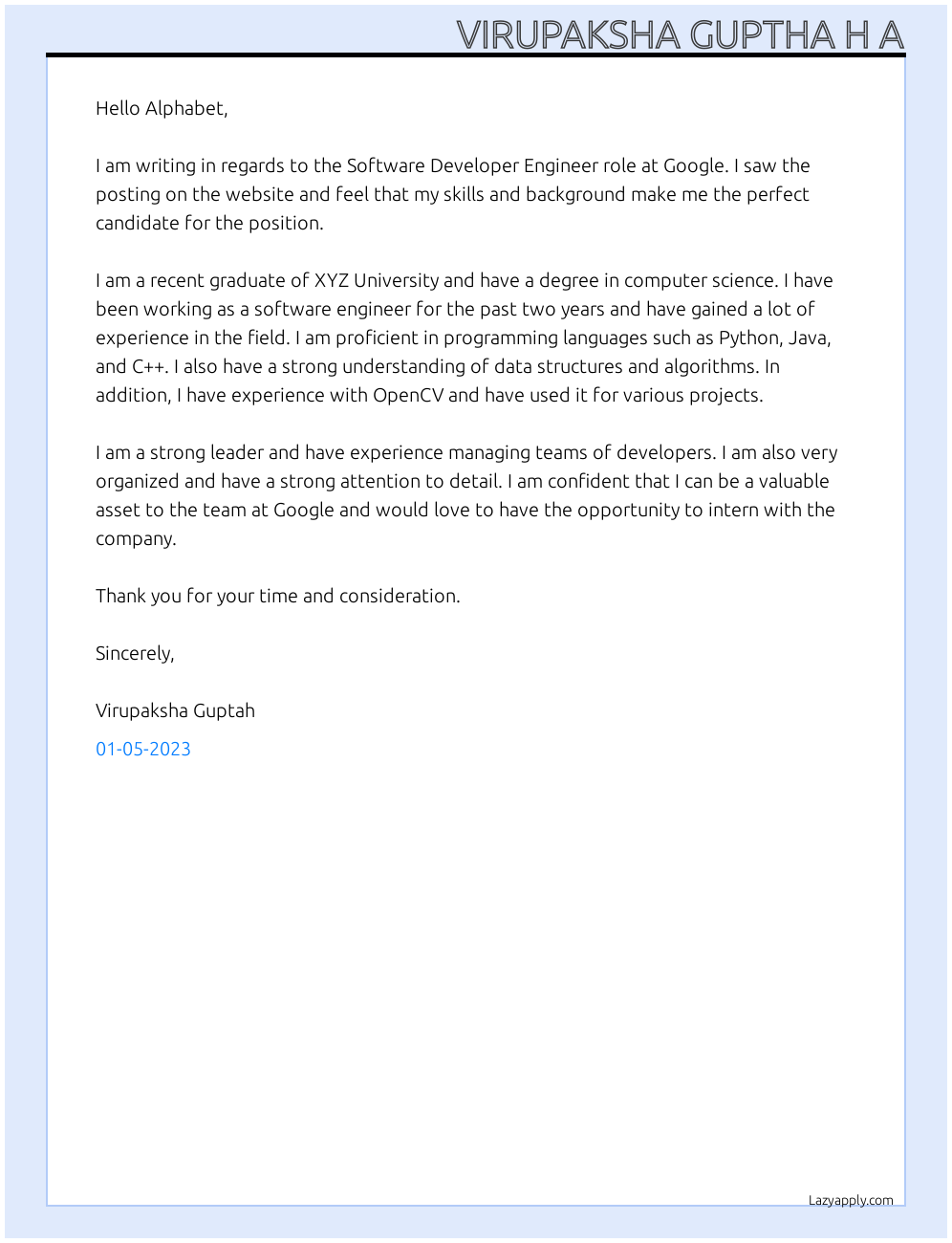 Cover letter for software developer engineer - LazyApply