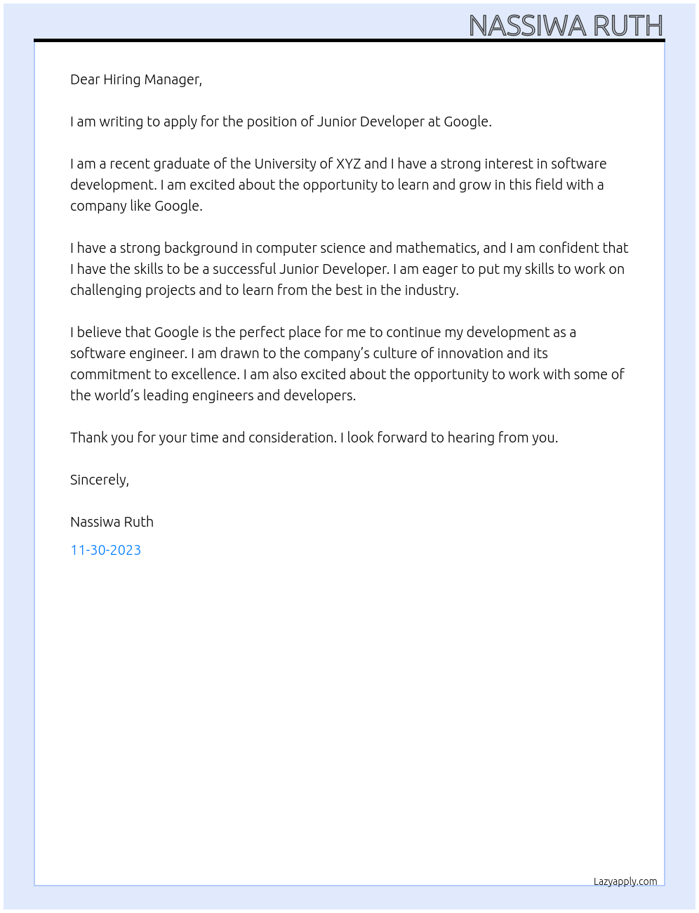 Junior developer At google Cover Letter