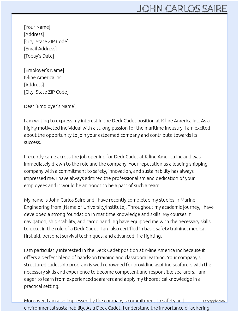 Deck Cadet At K-line America Inc Cover Letter
