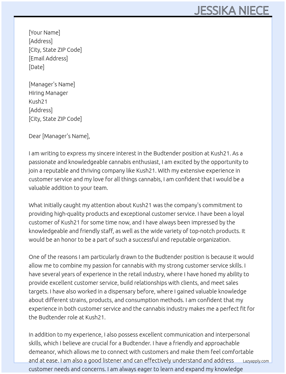 Budtender At Kush21 Cover Letter