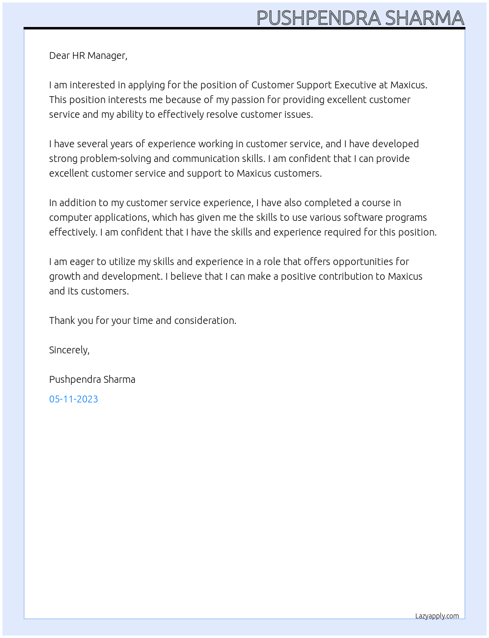 Customer Support Executive At Maxicus Cover Letter