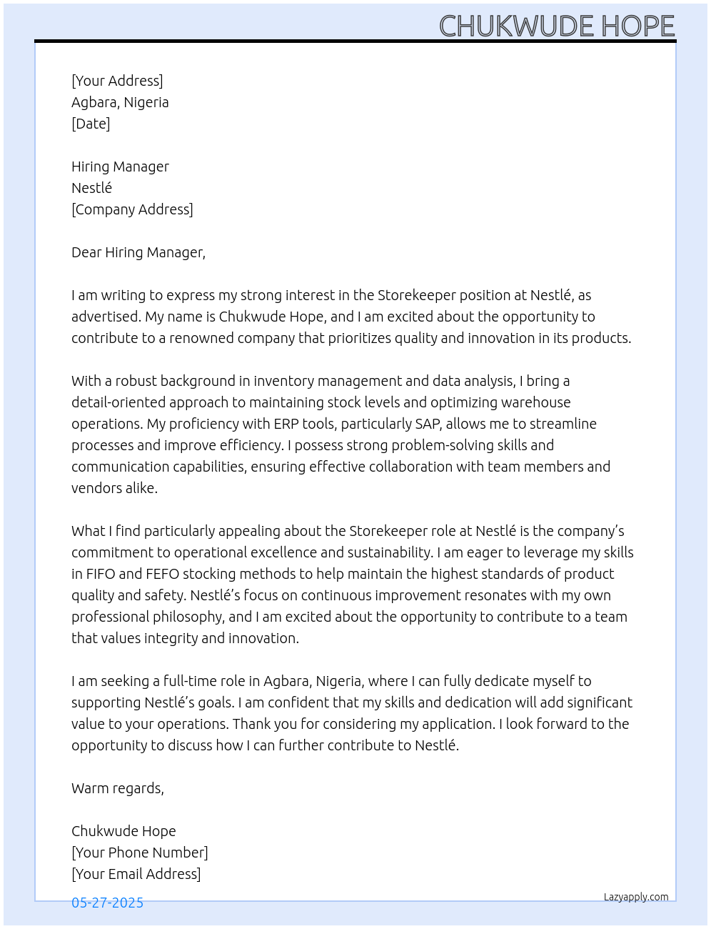 STOREKEEPER At nESTLE Cover Letter