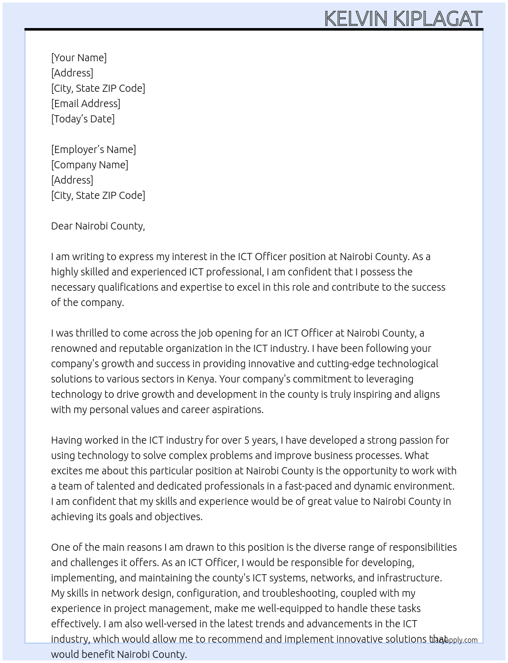 ICT OFFICER At NAIROBI COUNTY Cover Letter