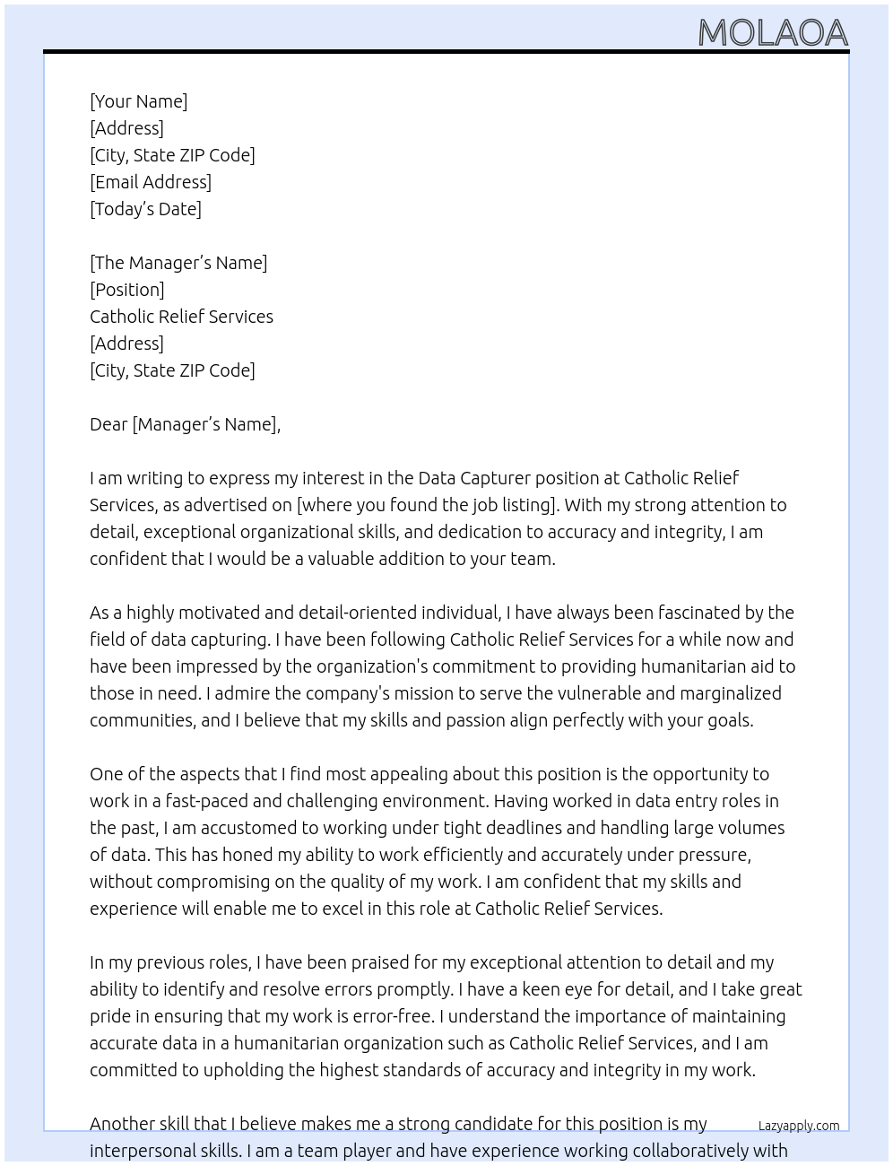 Data Capturer At Catholic Relief Services Cover Letter
