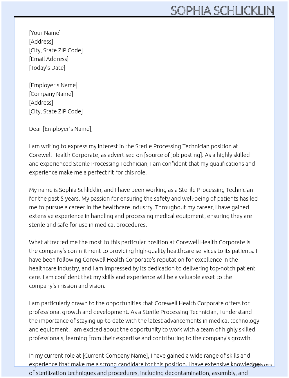 Sterile Processing Technician At Corewell Health Corporate Cover Letter