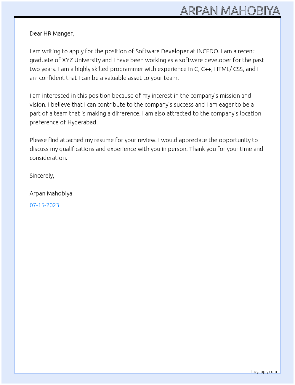 Software Developers At INCEDO Cover Letter