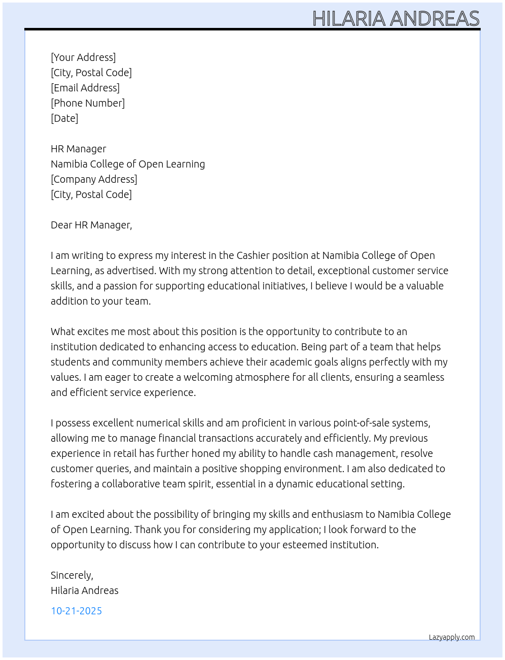 Cashier At Namibia College of Open Learning Cover Letter