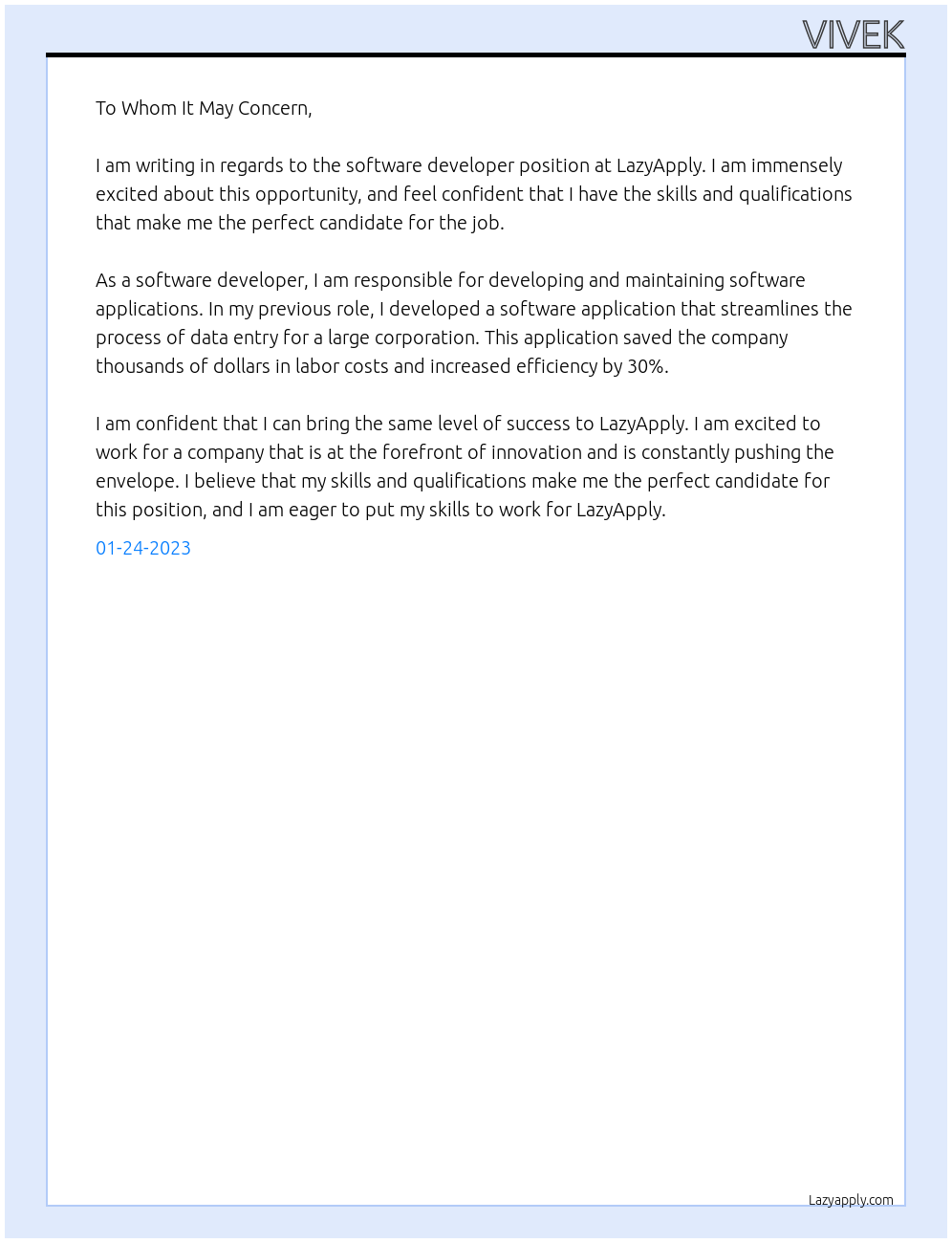 Software developer At LazyApply Cover Letter