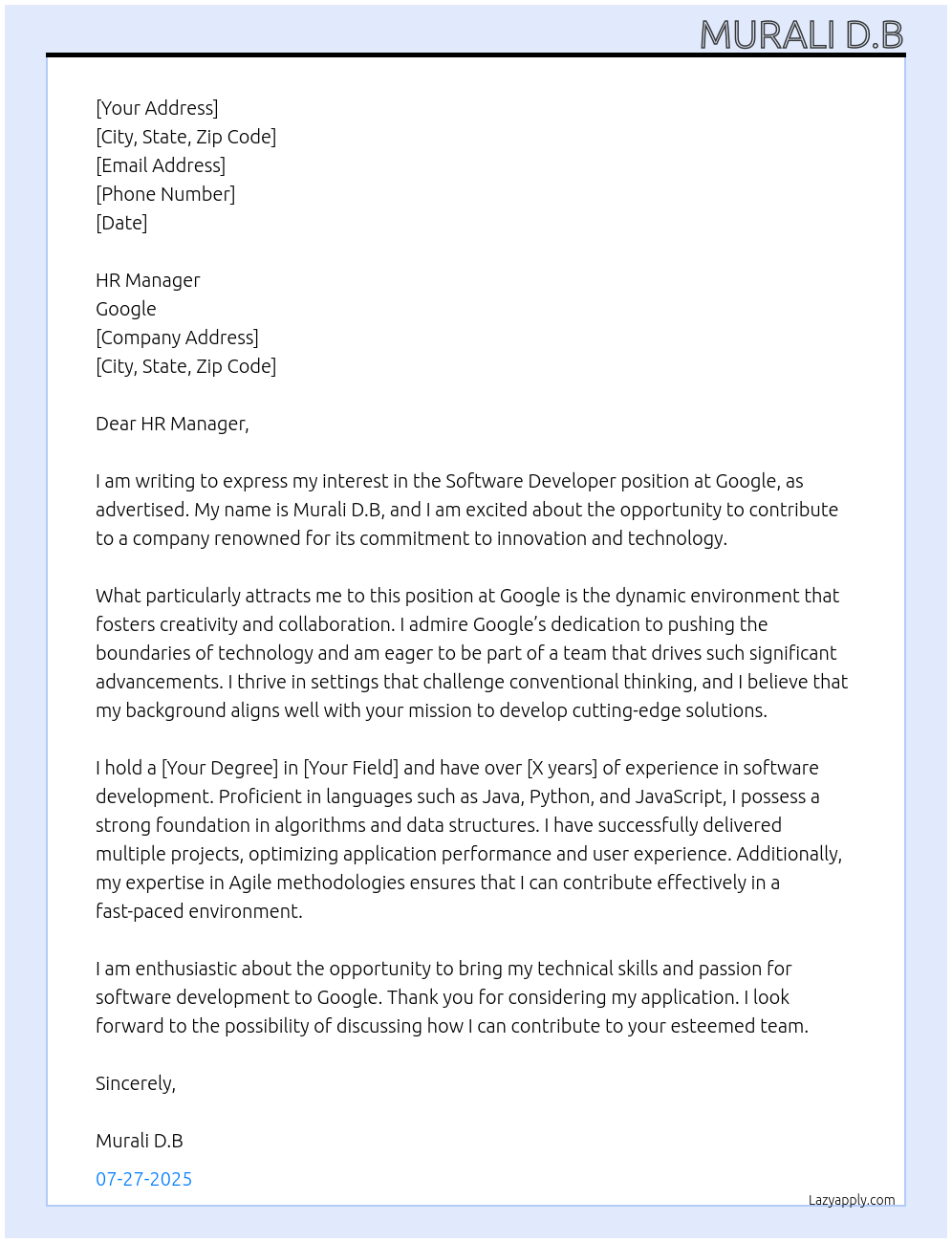 Software Developer At Google Cover Letter