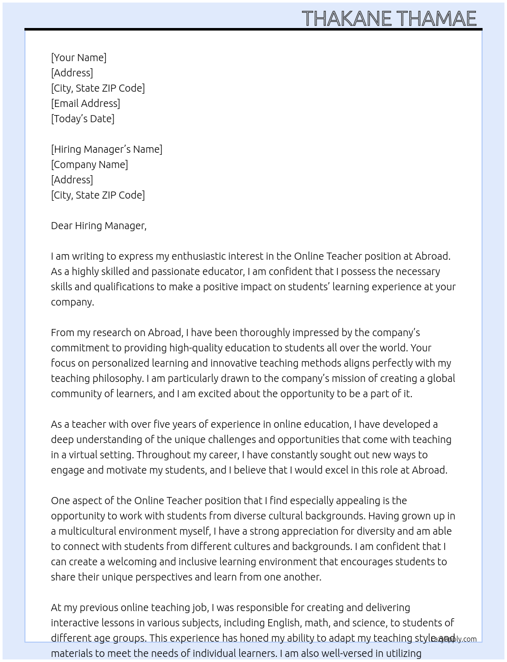 Online Teacher  At Abroad  Cover Letter