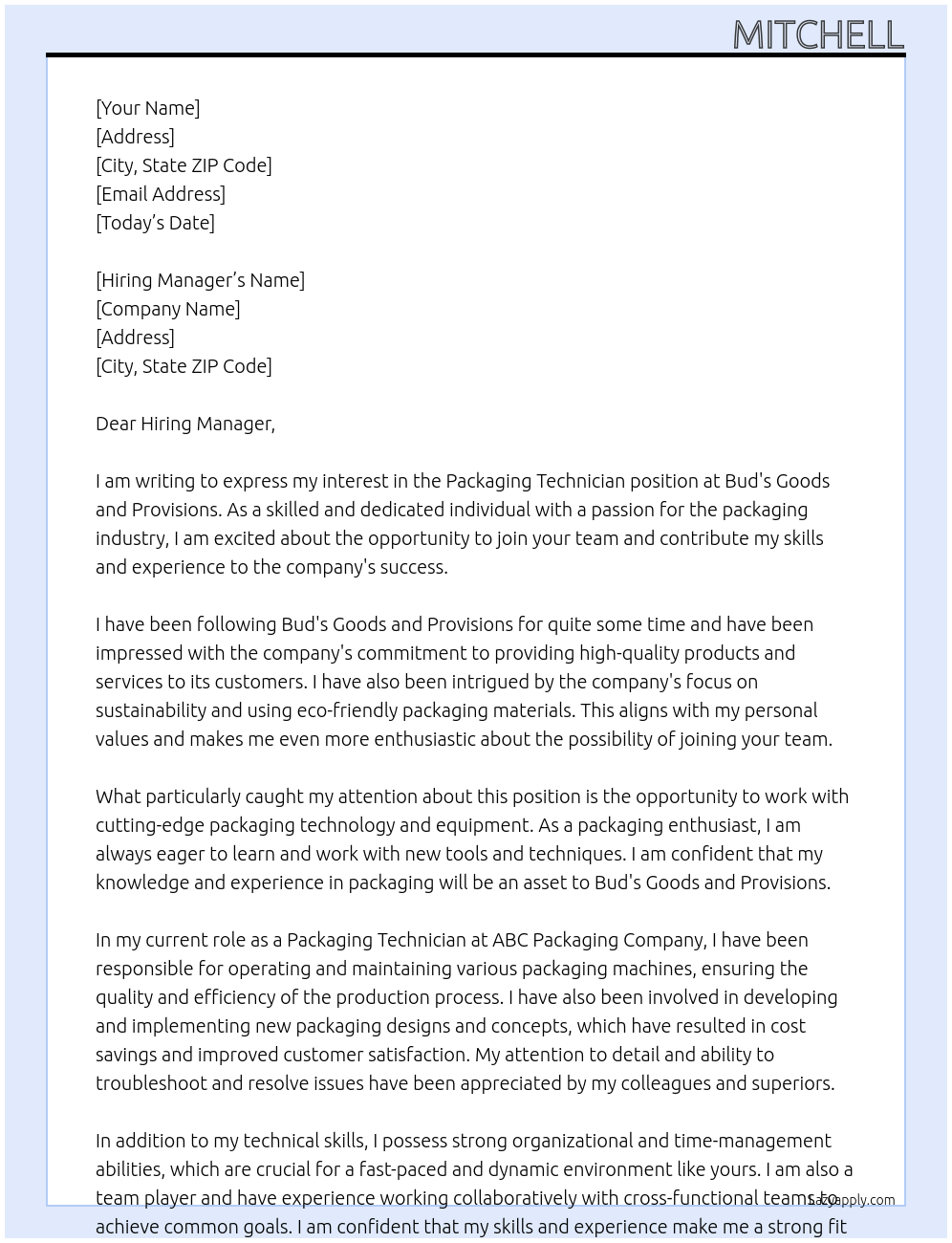 Packaging Technician At Bud's Goods and Provisions Cover Letter