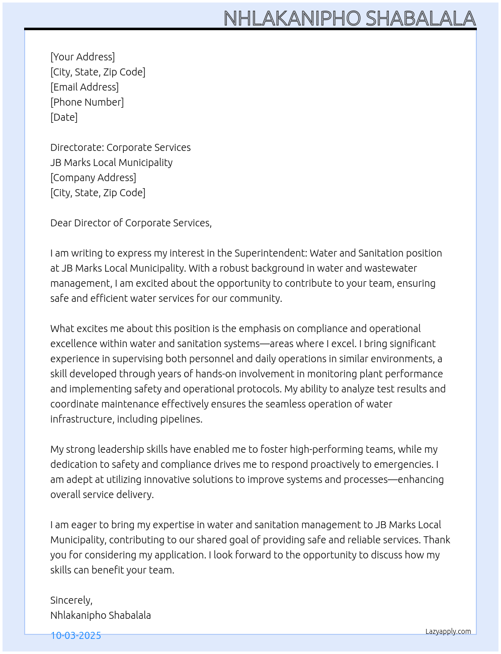 Superintendant: Water and Sanitation At JB Marks Local Municipality Cover Letter