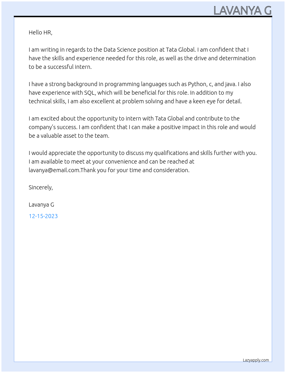 data Science At Tata Global Cover Letter