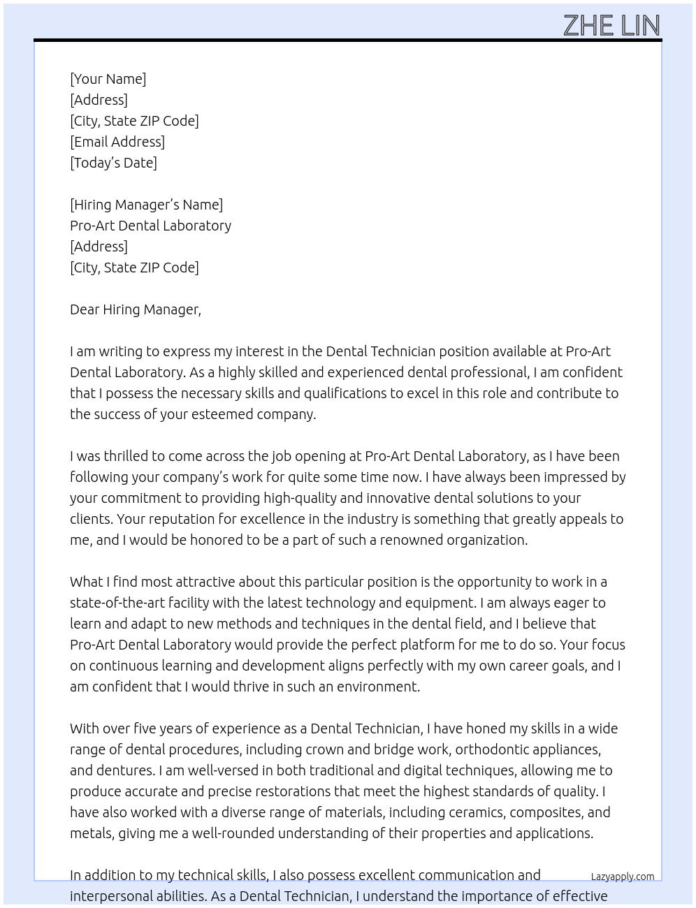 Dental Technician At Pro-Art Dental Laboratory Cover Letter