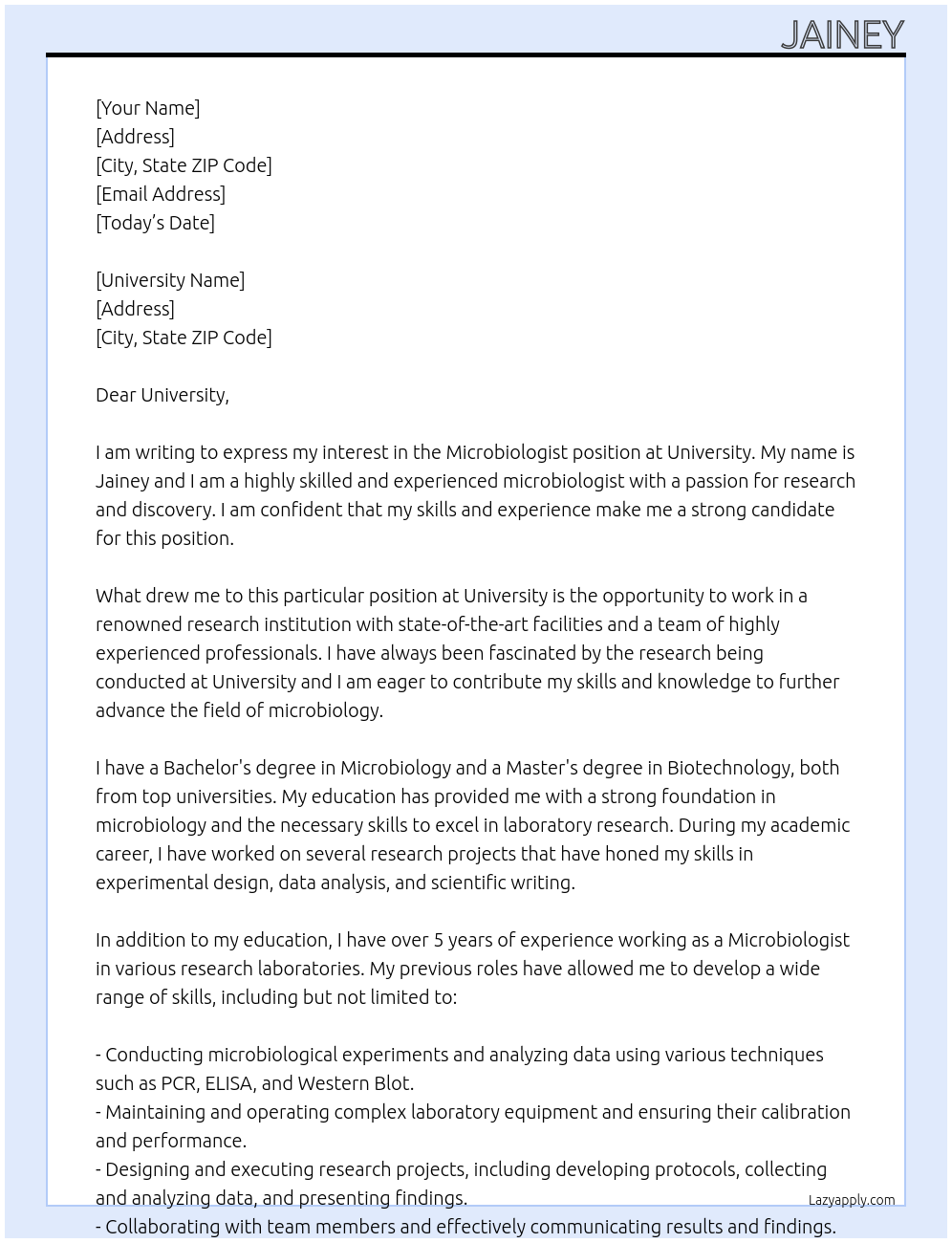 MICROBIOLOGIST At UNIVERSITY Cover Letter
