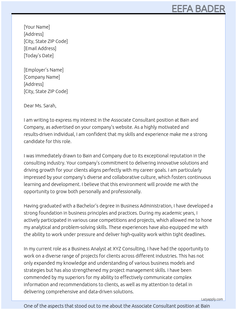 Associate Consultant At Bain and company Cover Letter