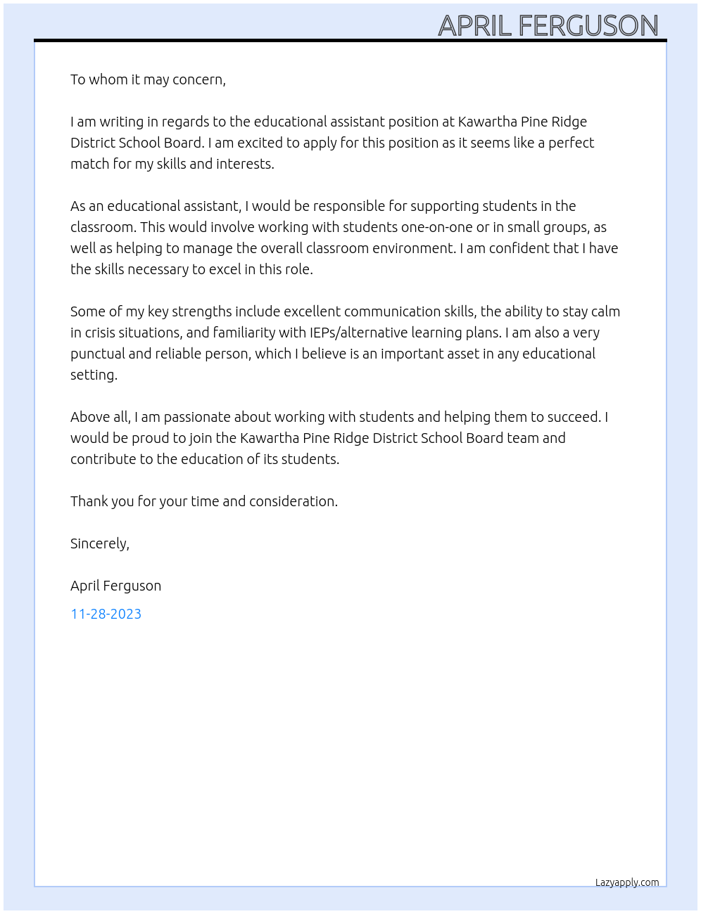 Educational Assistant At Kawartha Pine Ridge District School Board Cover Letter