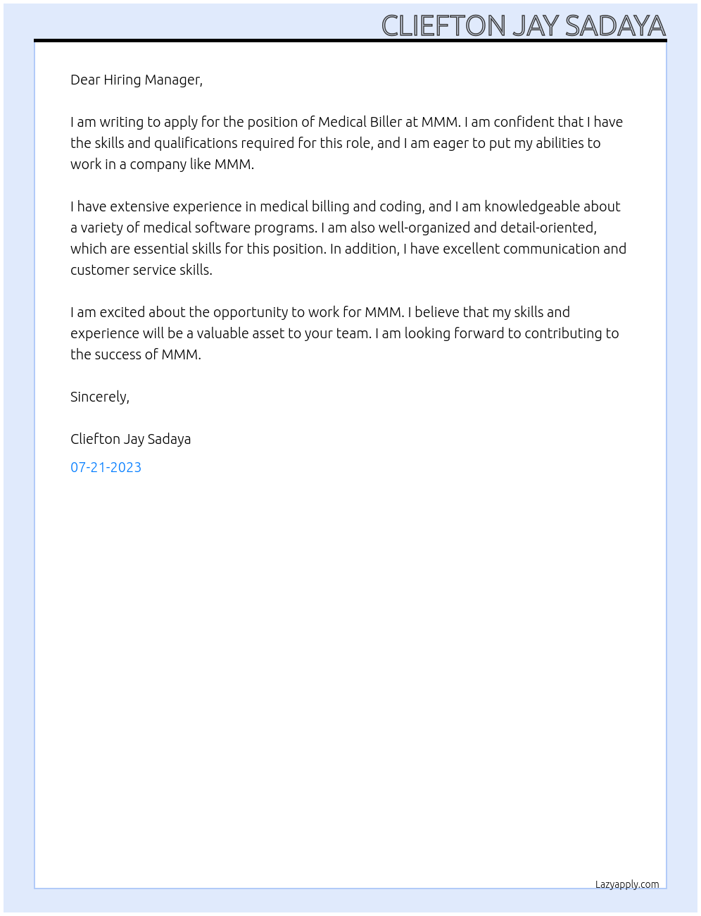 Medical Biller At MMM Cover Letter
