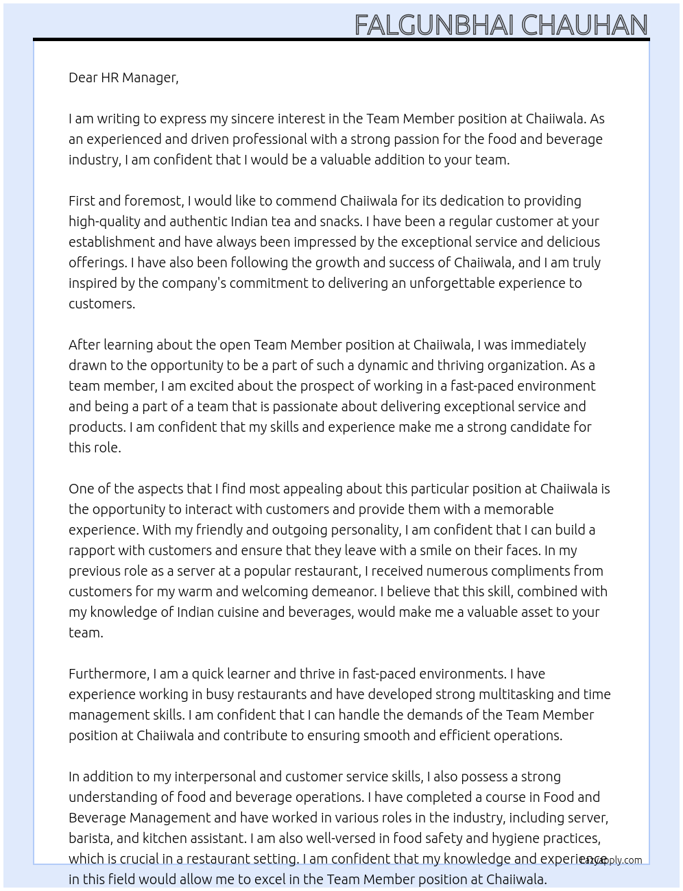 Team members  At Chaiiwala Cover Letter