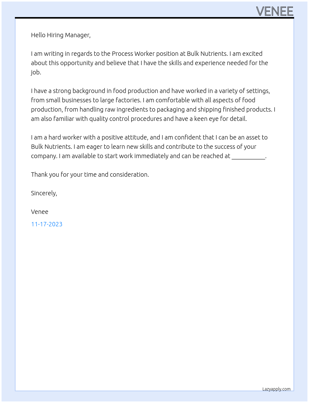 Process Worker At Bulk Nutrients Cover Letter