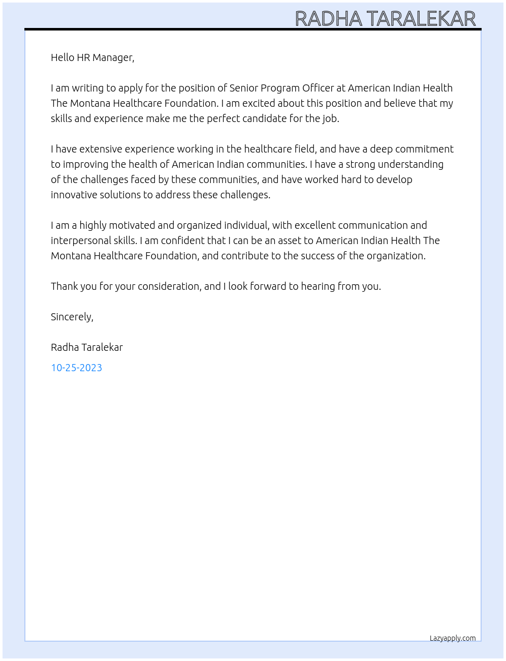 Senior Program Officer At American Indian Health The Montana Healthcare Foundation Cover Letter