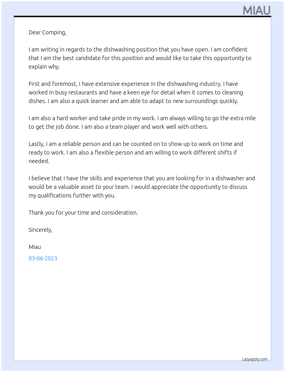 Dishwasher At Comping Cover Letter