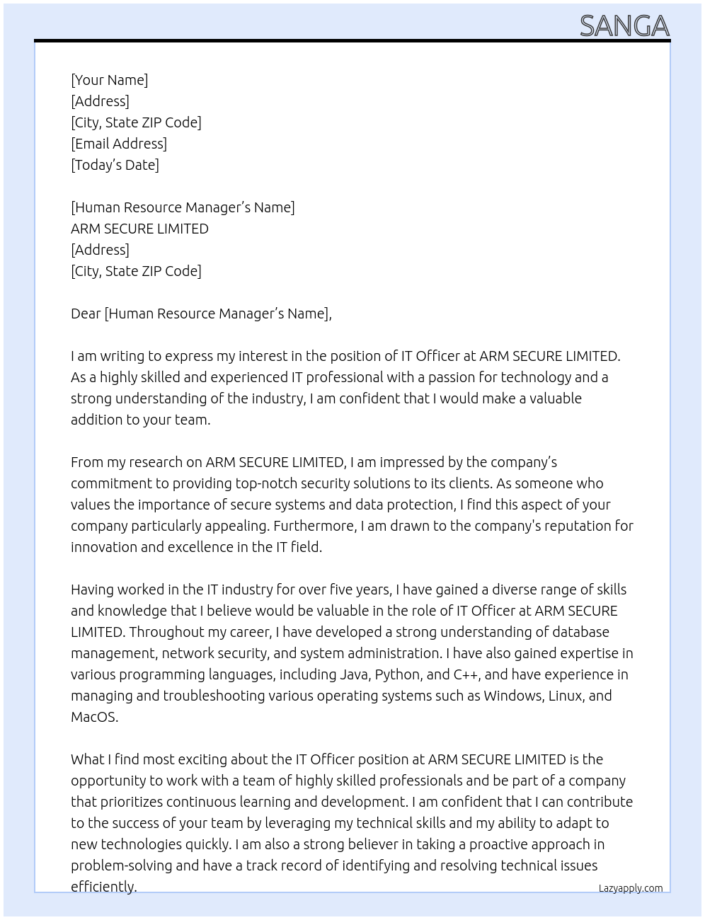 IT OFFICER At ARM SECURE LIMITED Cover Letter