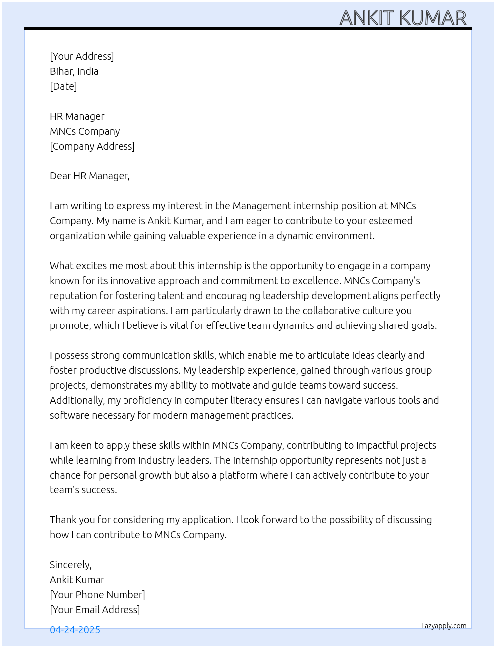 Management At MNCs company Cover Letter