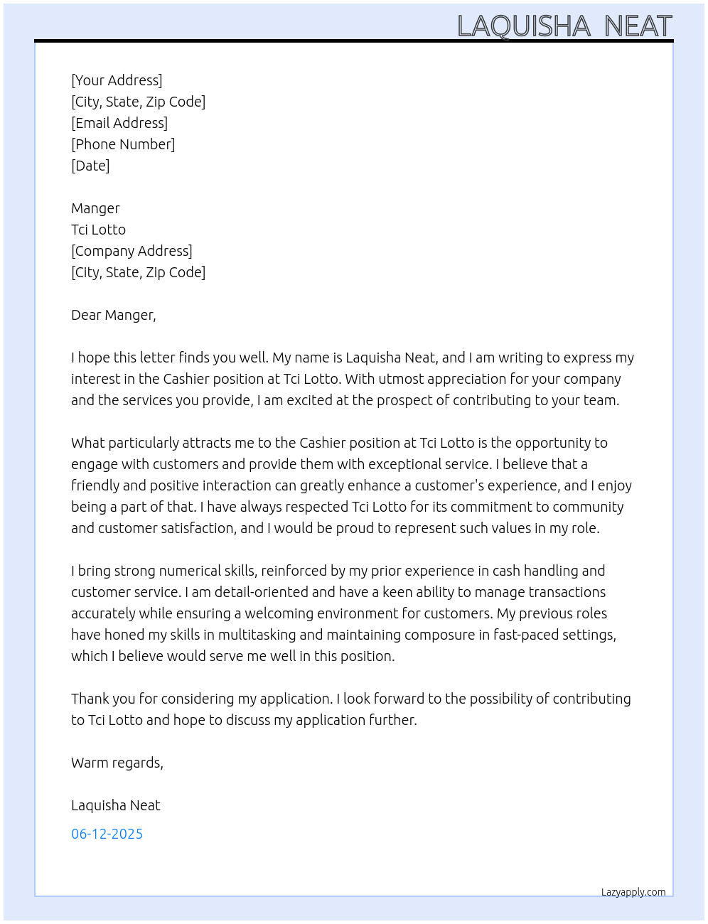 Cashier At Tci lotto Cover Letter