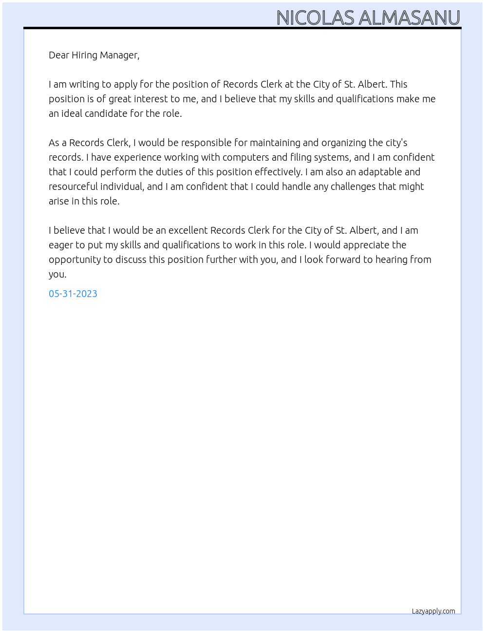 Records Clerk At City of St. Albert Cover Letter