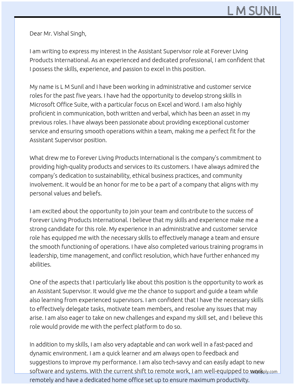 Assistant Supervisor At Forever living products International Cover Letter