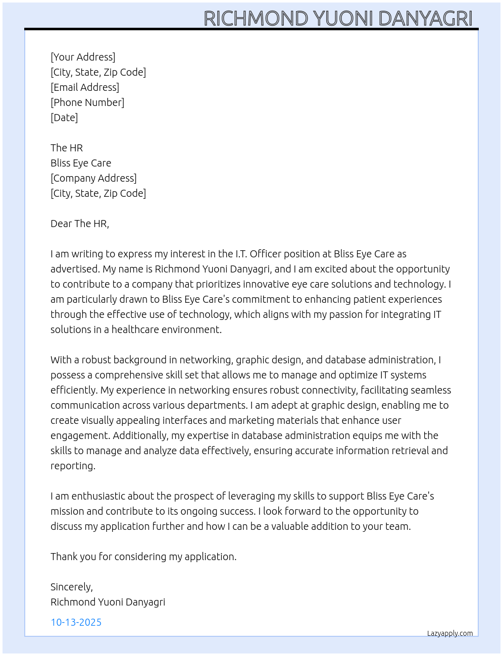 Cover letter for it officer - LazyApply